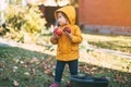 Little cute girl in a yellow jacket collects red apples