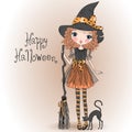 Little cute Halloween girl witch with black cat.