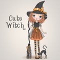 Little cute Halloween girl witch with black cat and broom. Vector illustration. Royalty Free Stock Photo