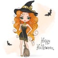 Little cute Halloween girl witch with broom.