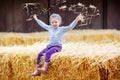 Little cute happy girl having fun with hay on a farm Royalty Free Stock Photo