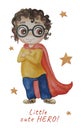 Little cute hero. Bright cute super boy with glasses and curly hair in a red long cloak. Stands, arms crossed over his