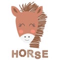 Little Cute Horse. Horse Face. Doodle Cartoon Kawaii Animal Illustration. Scandinavian Print or Poster Royalty Free Stock Photo