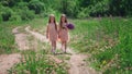 Little cute identical twin sisters with long hair walking together holding hands at road in dresses at sunny nature in grass and Royalty Free Stock Photo