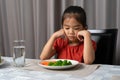 Little cute kid girl refusing to eat healthy vegetables. Children do not like to eat vegetables Royalty Free Stock Photo