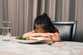 Little cute kid girl refusing to eat healthy vegetables. Children do not like to eat vegetables Royalty Free Stock Photo