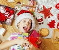 Little cute kid in santas red hat with handmade Royalty Free Stock Photo