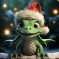 A little cute kind baby green dragon cub in red Santa Claus hat on a dark background with bokeh Royalty Free Stock Photo