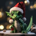 A little cute kind baby green dragon cub in red Santa Claus hat on a dark background with bokeh Royalty Free Stock Photo