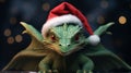 A little cute kind baby green dragon cub in red Santa Claus hat on a dark background with bokeh Royalty Free Stock Photo