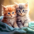 Little cute kittens sitting on the bed on a blanket.