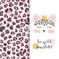 Little cute leopard head vector illustration with leopard print.