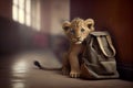 Little cute lion cub goes with a bag. AI generated