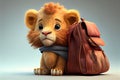 Little cute lion cub goes with a bag. AI generated