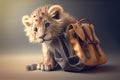 Little cute lion cub goes with a bag.AI generated