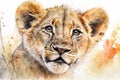 Little cute lion kitten face portrait watercolor art. Generative AI Royalty Free Stock Photo