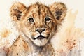 Little cute lion kitten face portrait watercolor art. Generative AI Royalty Free Stock Photo