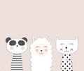 Little cute llama, panda and cat for card and shirt design. Best Friend Concept. Vector Illustration