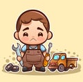 little cute mechanic repairing his toy truck, vector illustration