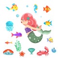 Little cute mermaid swimming under the sea fishes animals flat design vector