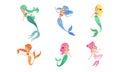 Little Cute Mermaids of Different Colors Set, Beautiful Mythical Marine Creatures Cartoon Vector Illustration Royalty Free Stock Photo