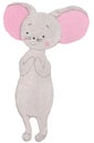 Little cute mouse, surprise. funny character with pink ears. watercolor illustration for prints, design, postcards
