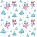 Little cute mouses ice skatings. Seamless pattern with Hand painted watercolor illustrations