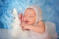 Little cute newborn baby boy, sleeping wrapped in white wrap Royalty Free Stock Photo