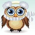 little cute owls in winter clothes: red striped hats and scarves with a pompon, a winter owl, shelter from the cold