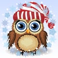 A little cute owl in a red and white hat with a pompon, a winter owl, shelter from the cold Royalty Free Stock Photo