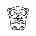 Little cute panda eats ice cream. Vector outline illustration in linear style on white background. Kawai bear. Coloring book page