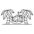 Little cute panda is sleeping in a hammock between palm trees. Vector illustration in linear style on white background. Kawai Royalty Free Stock Photo