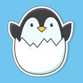 Little cute penguin peeks out of the egg. Vector sticker Royalty Free Stock Photo