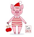 Little cute pig in a cartoon style wearing a Santa Claus hat and striped leotard