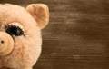 Little cute pig on wooden background. Closeup cute soft toy pig. Symbol of Chinese New Year. Children`s Pig Toy Royalty Free Stock Photo