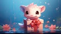 little cute pink acelot in the lake with lotus among boxes with gifts, banner, copy space