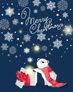 little cute polar bear with red scarf and gift on blue bacjground with snowflake