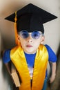 Little cute preschooler boy in glasses with books at home education in graduate hat smiling posing emotional, lifestyle Royalty Free Stock Photo