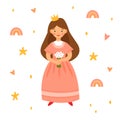 Little cute princess in a pink dress with a bouquet of flowers. Character from a fairy tale isolated on a white Royalty Free Stock Photo