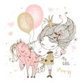 A little cute Princess with a unicorn and balloons. Vector