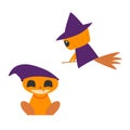 Little cute pumpkin-witches. Cartoon flat smiling two pumpkins. Pumpkin on broom. Design for halloween. Royalty Free Stock Photo