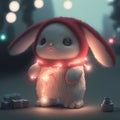 A little cute rabbit with an electric Christmas tree garland decorates a Christmas tree