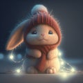 A little cute rabbit with an electric Christmas tree garland decorates a Christmas tree