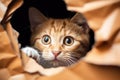 Little cute red cat looking through torn paper hole Royalty Free Stock Photo