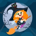 Little cute red-haired witch riding a broom with a cat and a toadstool mushroom in her hands. Halloween scene with full moon.