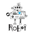 Little cute robot and the inscription of the details and gears. Vector illustration