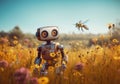 Little cute robot lost in a field full of flowers on a beautiful day, discovering the earth and exploring nature with curiosity