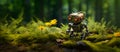 Little cute robot lost in a green forest, discovering the earth and exploring nature with curiosity