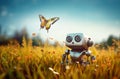 Little cute robot lost in a summer field on a beautiful day, discovering the earth and exploring nature with curiosity