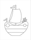 Little cute Ship Baby Toy in outline style. Vintage vector illustration of Sailboat for kid game. Laine art in black and